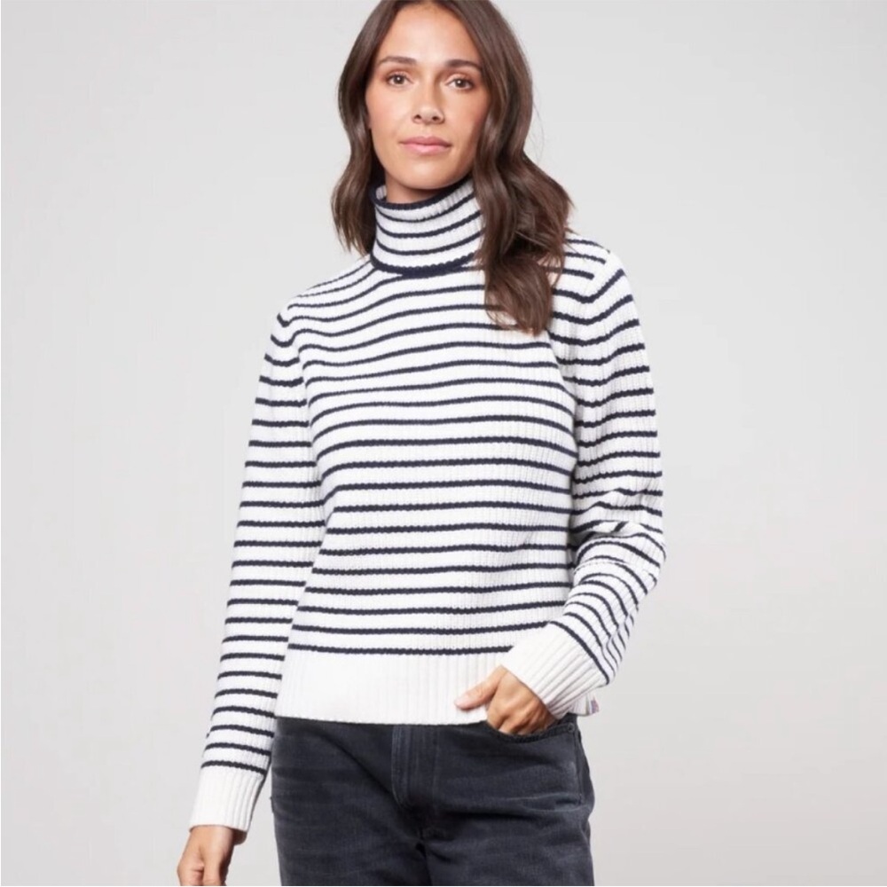 Kule The Banks Striped Turtleneck Wool Blend Sweater In Navy Blue & White Sz S